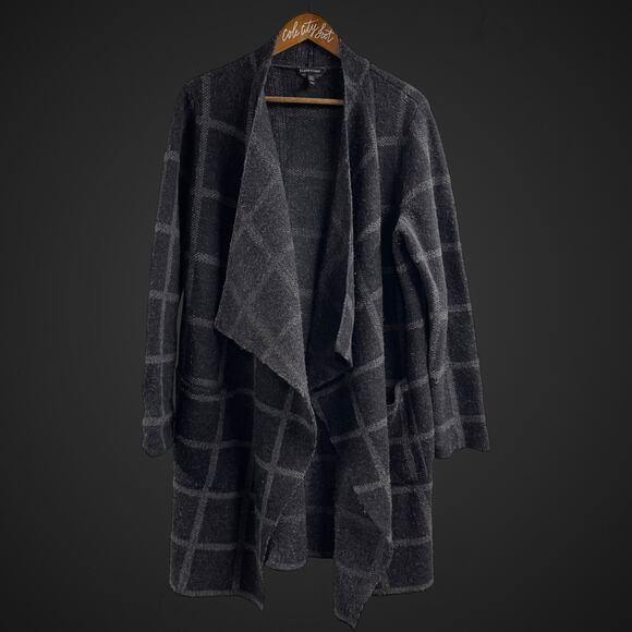 Eileen Fisher Cardigan Sweater Medium Charcoal Gray Windowpane 100% Merino Wool - Picture 1 of 7